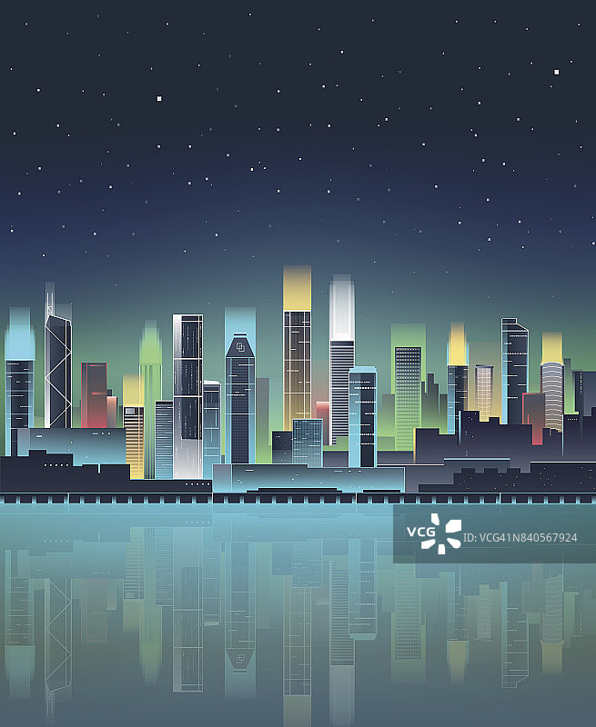 霓虹灯照亮了夜晚的城市天际线。现代的城市。向量图片素材
