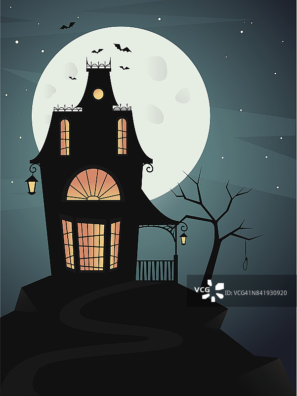 鬼鬼祟祟的鬼屋有满月和蝙蝠。矢量图图片素材