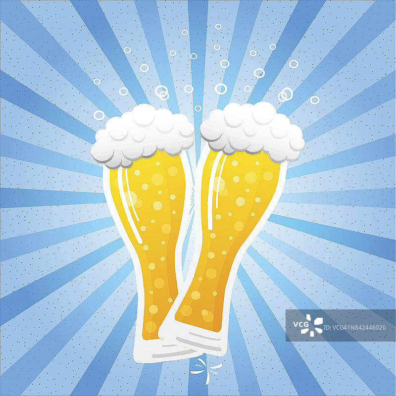 蓝色复古背景的啤酒杯。矢量插图。图片素材