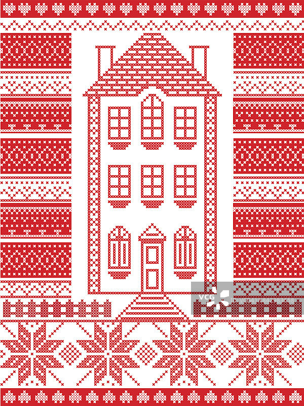 北欧风格和灵感来自斯堪的纳维亚圣诞图案插图在红和白色十字绣包括姜饼屋，星星，栅栏，装饰无缝华丽的图案图片素材