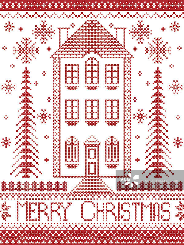 圣诞快乐冬季北欧风格，灵感来自斯堪的纳维亚圣诞图案的十字绣包括高大的姜饼屋，驯鹿，雪花，装饰无缝华丽的红色图案图片素材