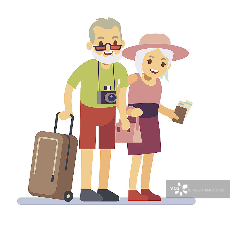 老年人在度假。微笑的爷爷奶奶在度假。快乐老人老兵旅游矢量概念图片素材