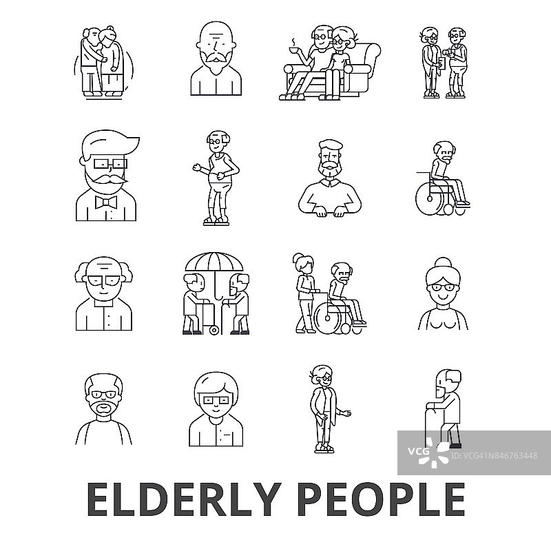 老年、关怀、老年夫妇、老年、老年病人、支持线图标。可编辑的中风。平面设计矢量插图符号概念。线性迹象孤立图片素材