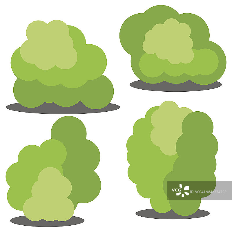 四套不同的卡通绿色灌木孤立在白色背景图片素材
