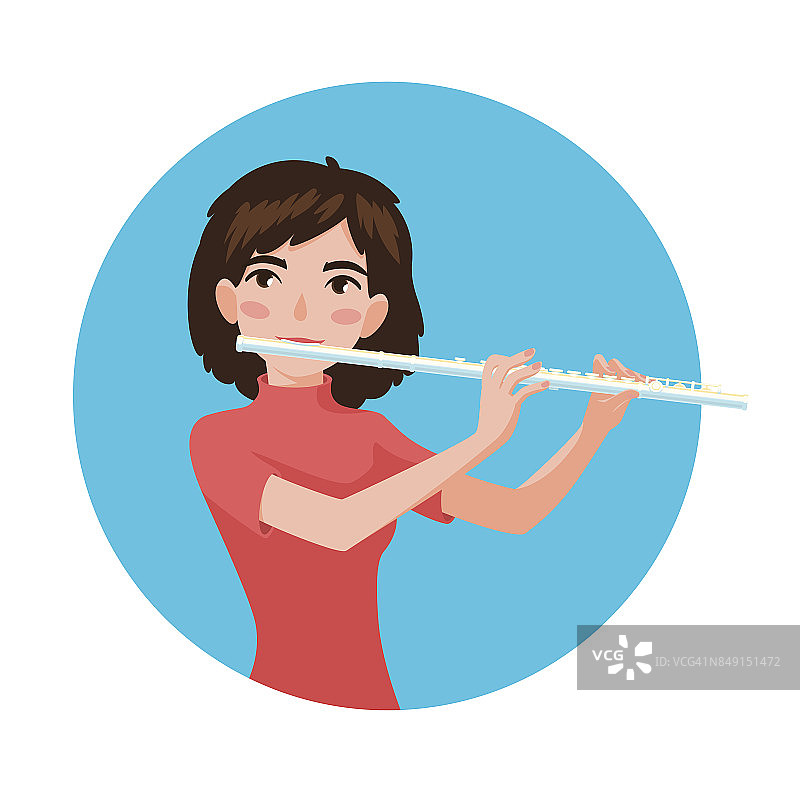 音乐家在演奏长笛。女孩长笛手的灵感是演奏一种古典乐器。向量。图片素材
