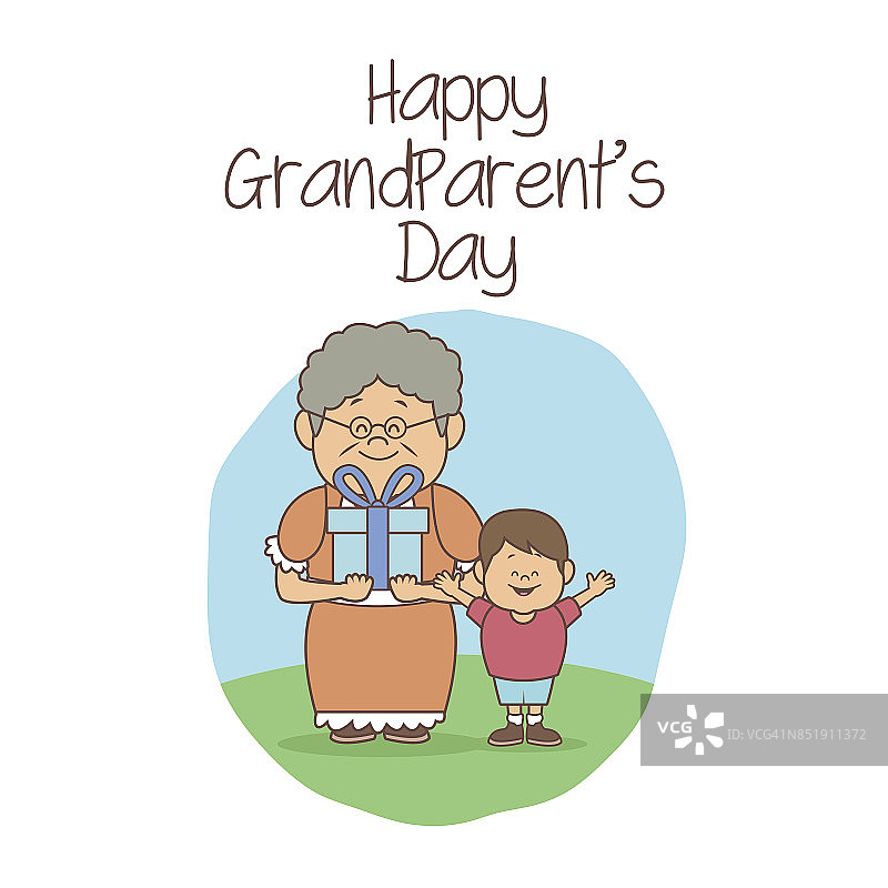 白色的背景带着情景，奶奶快乐的表情和男孩带着礼物，爷爷奶奶开心的日子图片素材
