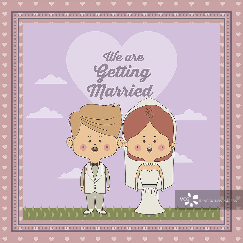 刚结婚的新婚夫妇，收集头发的新娘和金发的新郎的装饰框的风景天空景观贺卡图片素材