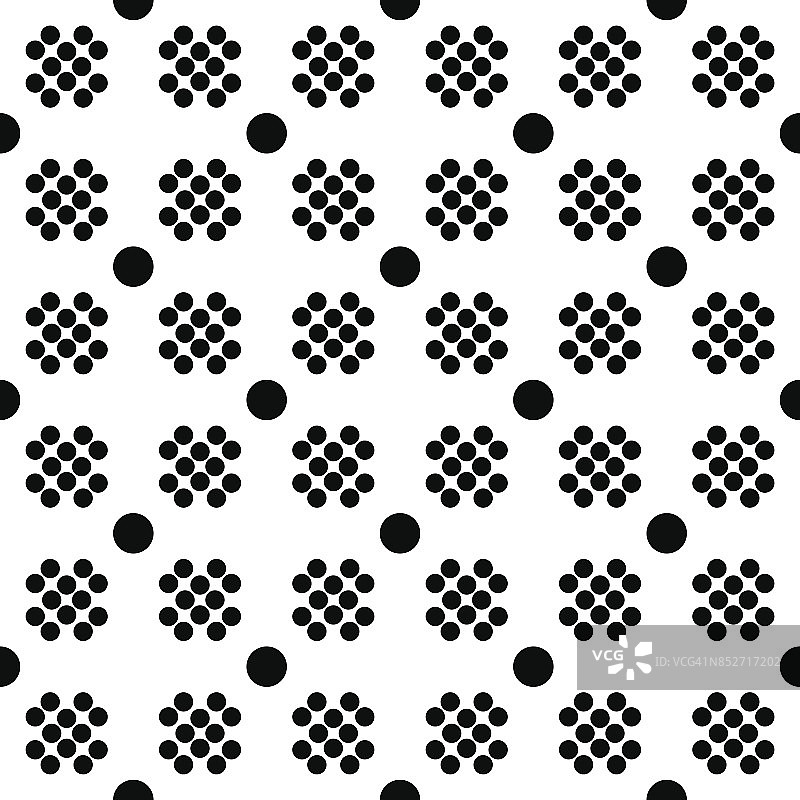 从网格中抽象出不同大小的圆的无缝图案。简单的黑白几何织物纹理。向量图片素材