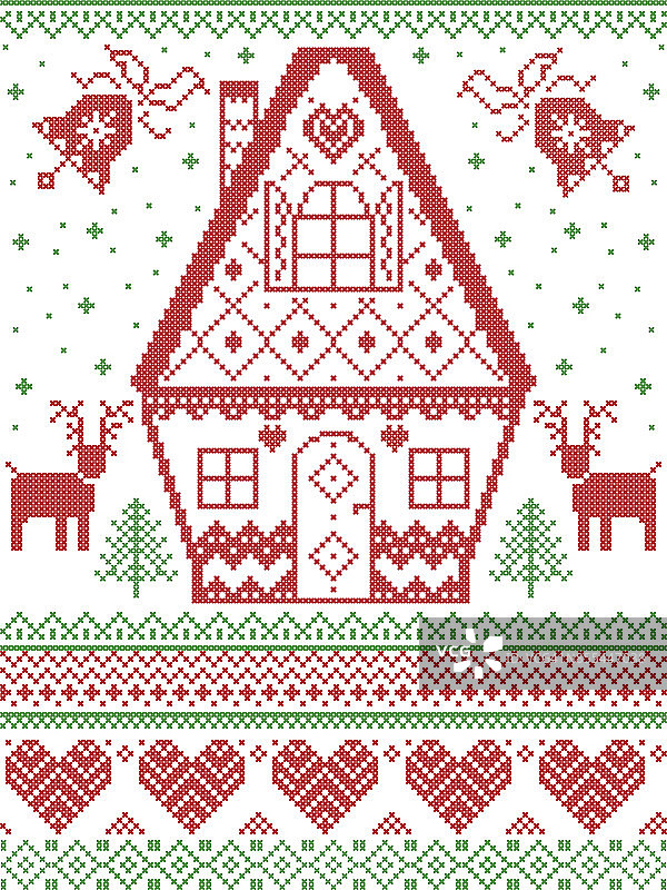 北欧风格和灵感来自斯堪的纳维亚十字绣工艺的圣诞图案在红色，白色，绿色包括心，姜饼屋，驯鹿，圣诞钟，雪花，雪花，圣诞树图片素材