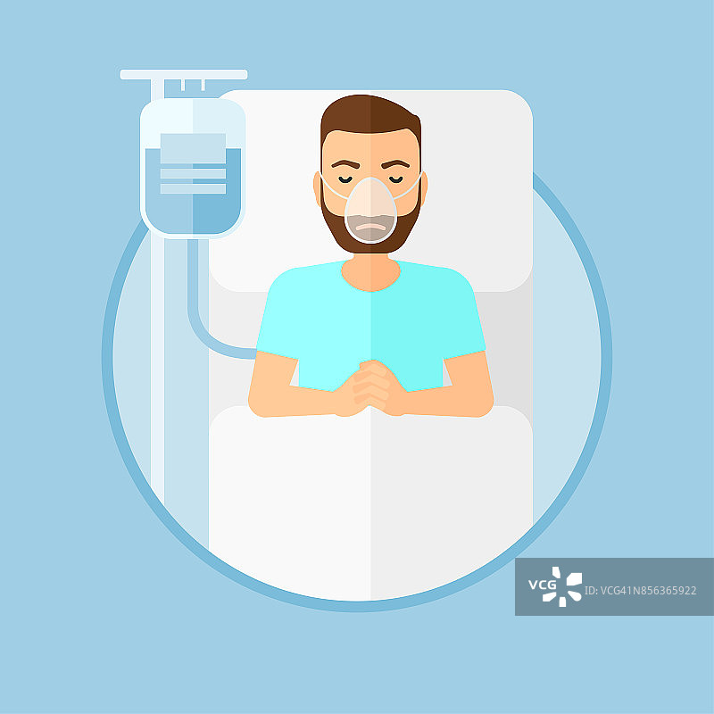 病人戴着氧气面罩躺在病床上图片素材
