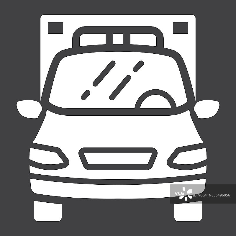 救护车字形图标，运输和车辆，紧急标志矢量图形，黑色背景上的固体模式，eps 10。图片素材
