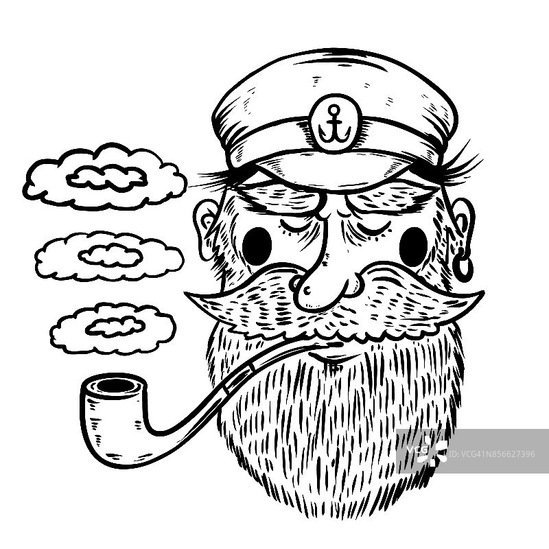 手绘船长插图。拿着烟斗的水手。图片素材