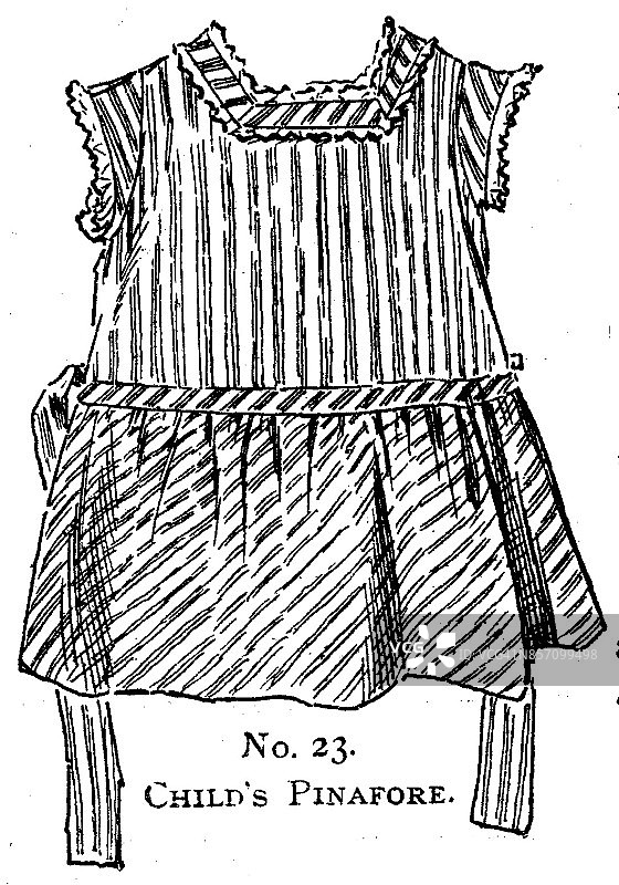 19世纪的女孩们用条纹围裙装扮时尚盘;维多利亚时代的服装和最新时装1893年图片素材
