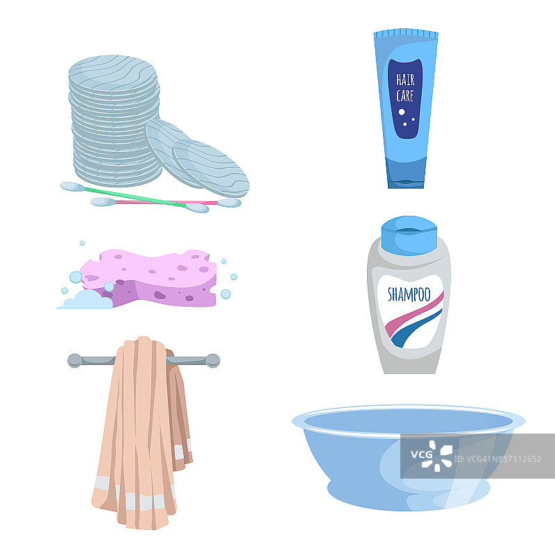 卡通时尚简单梯度浴图标设置。棉棒、棉垫、肥皂、毛巾、洗发精、洗液瓶、蓝盆、海绵。健康和卫生矢量符号。图片素材