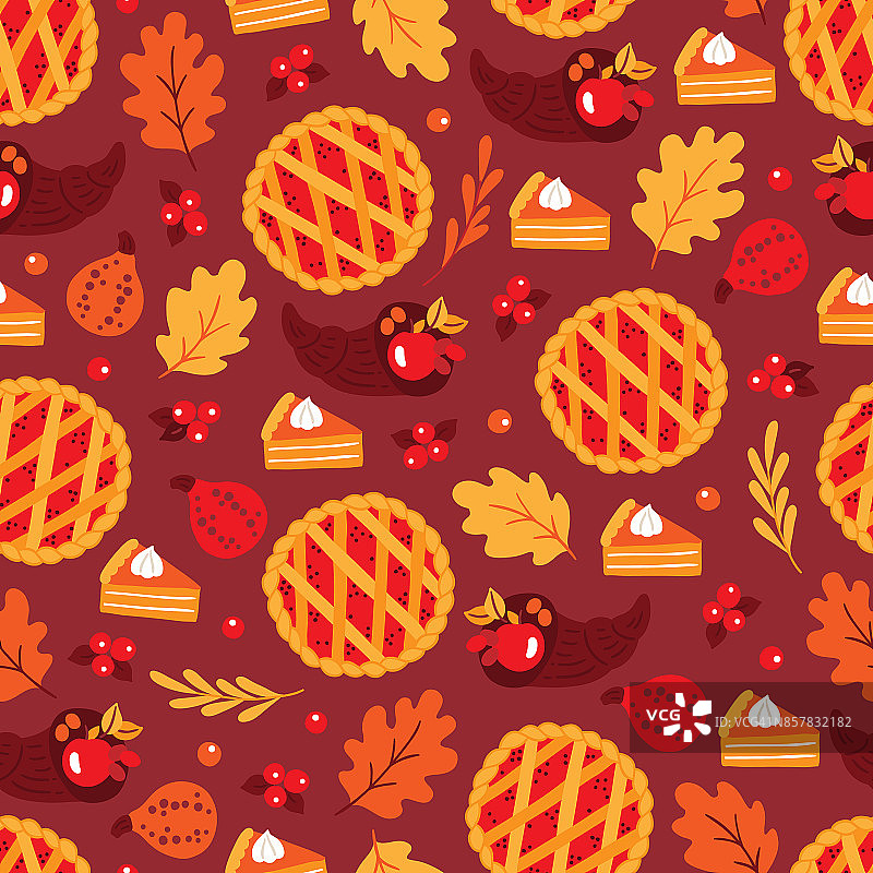 感恩节用南瓜、馅饼、蔓越莓、树枝、羊角做成无缝图案图片素材