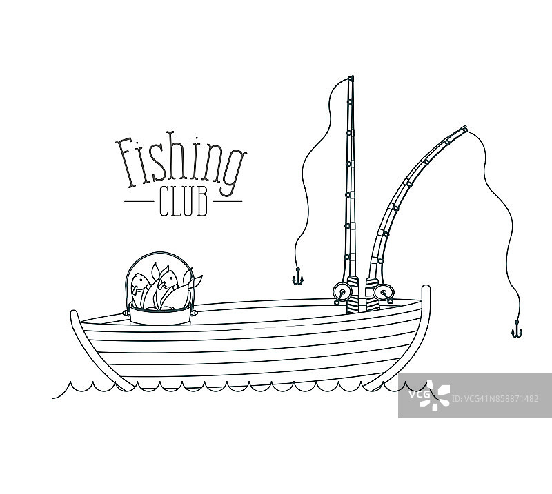 单色素描剪影船钓鱼俱乐部和水桶装满鱼图片素材