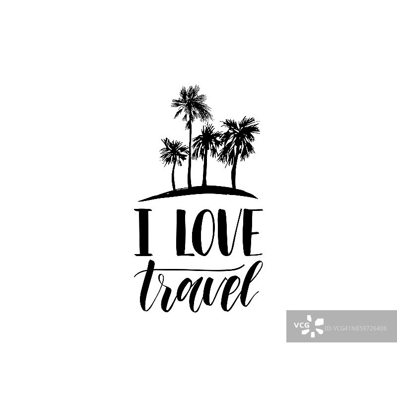 我爱旅行手写体海报。矢量旅行标签模板与手绘手掌插图。海滩会徽设计。图片素材