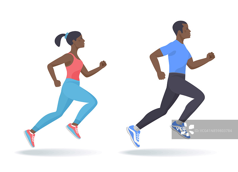奔跑的美国黑人男女。平面向量插图。图片素材