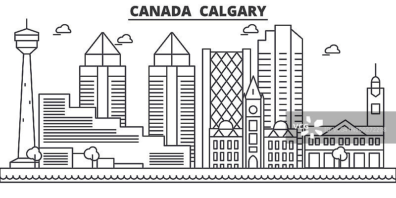 加拿大，卡尔加里建筑线天际线插图。线性向量的城市景观与著名的地标，城市景观，设计图标。风景与可编辑的笔触图片素材