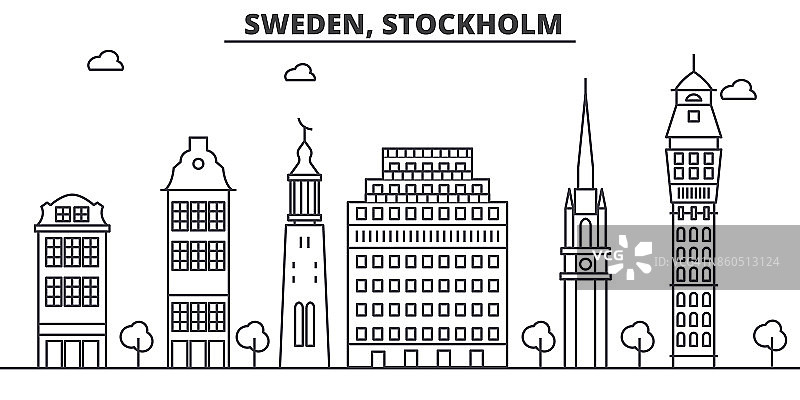 瑞典，斯德哥尔摩建筑线天际线插图。线性向量的城市景观与著名的地标，城市景观，设计图标。风景与可编辑的笔触图片素材