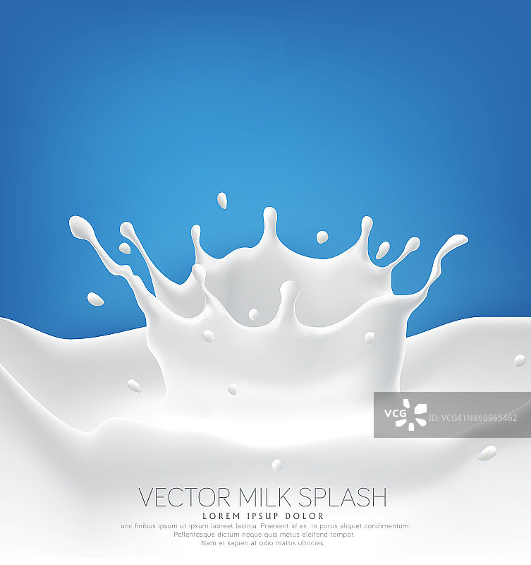 矢量牛奶飞溅与飞溅隔离在蓝色背景。元素设计，广告，推广乳制品。图片素材