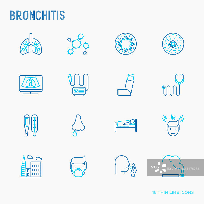 支气管炎细线图示:头痛、肺泡、吸入器、喷雾器、听诊器、体温计、x光片、卧床休息。矢量插图。图片素材