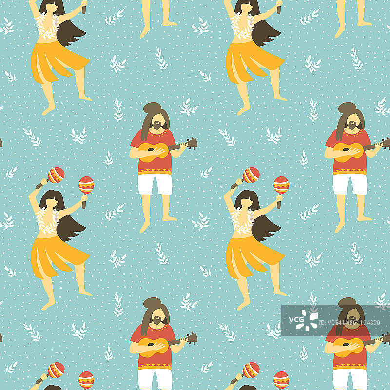 无缝矢量夏威夷模式。夏天的背景是跳舞的女孩和弹奏四弦琴的男人。明亮的民族设计。图片素材