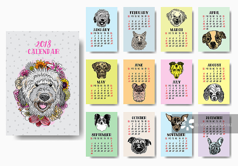 搞笑快乐狗狗，2018年日历设计。过年、狗年生肖月报卡片模板。一套12个月。可爱的小狗向量。图片素材