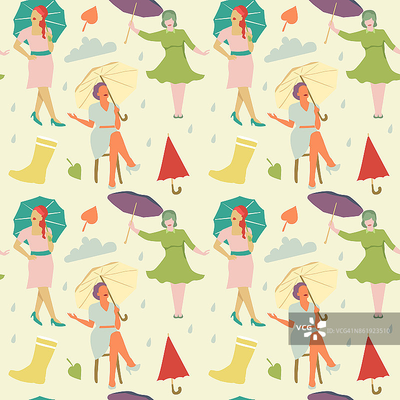 复古时尚无缝图案。有雨伞背景的无脸女人图片素材
