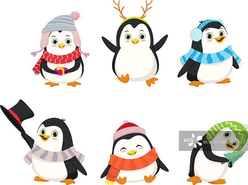 可爱的圣诞企鹅卡通套装。图片素材