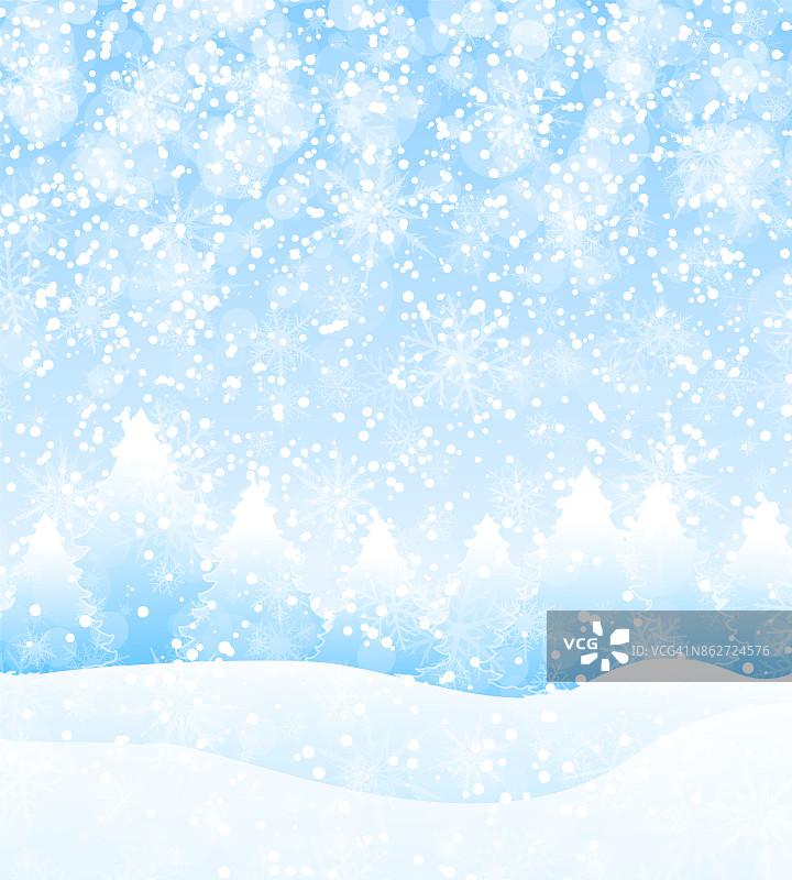矢量冬季假期景观背景与树木，雪花和飘落的雪图片素材