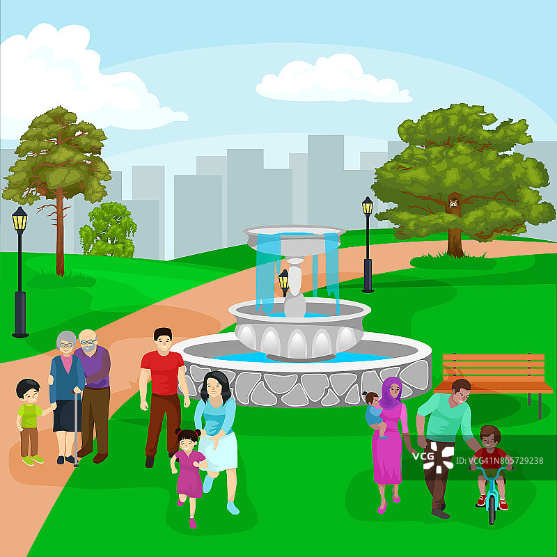 快乐的家庭在公园里有喷泉，男孩和女孩在户外玩花园瀑布，休闲的人在度假矢量插图图片素材