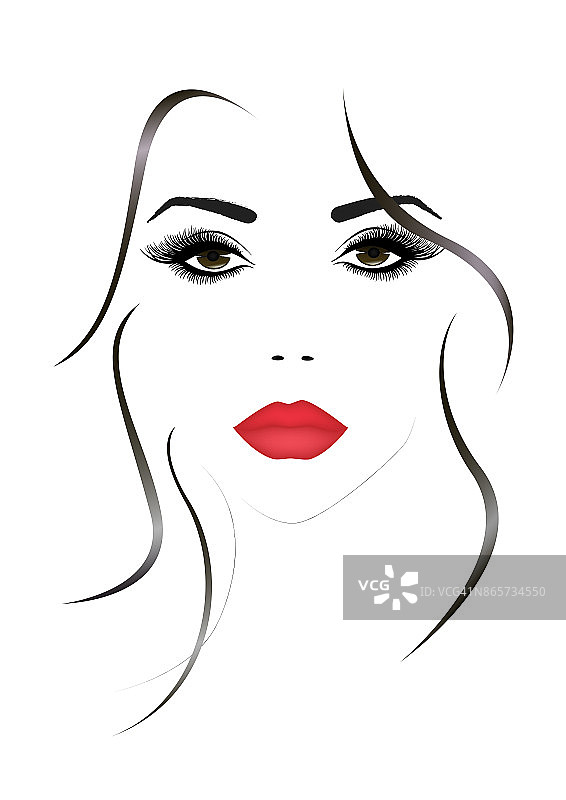 肖像美丽的女人的脸与红色性感的嘴唇，矢量插图图片素材