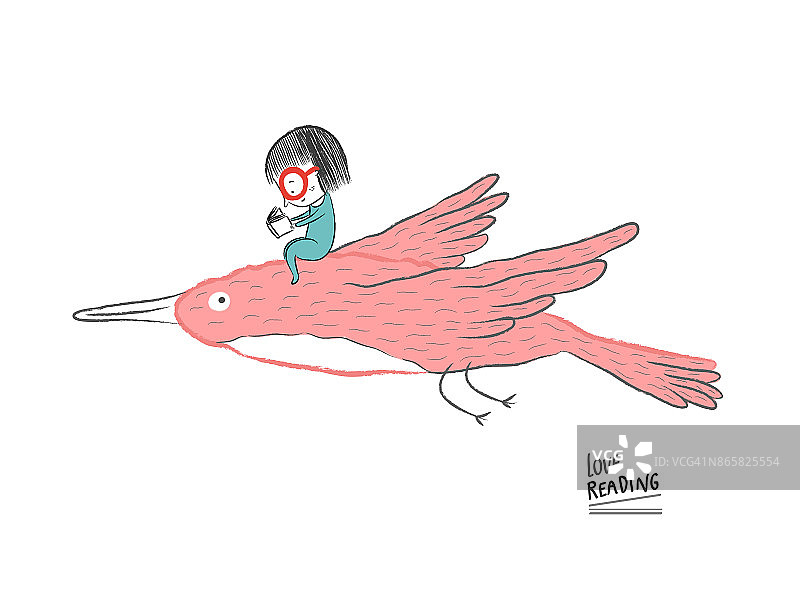小女孩在一只大鸟上看书，矢量插图图片素材