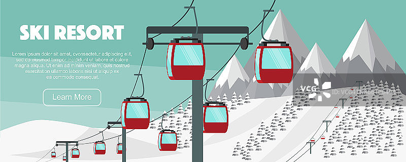 滑雪胜地，提升平面矢量插图。阿尔卑斯山，冷杉树，山峦广博全景背景。架空索道，小山，冬季网页横幅设计。图片素材