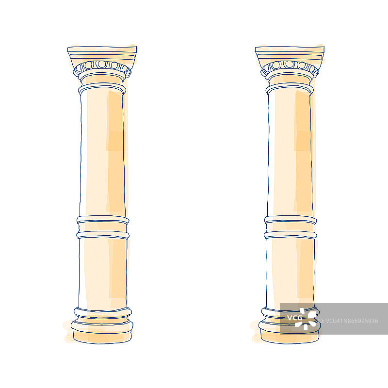 希腊式涂鸦柱，多利安式立柱，爱奥尼亚式立柱。矢量插图。古典建筑的支持图片素材