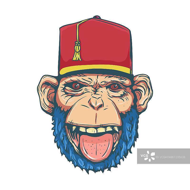 手画微笑猴子与Fez为t恤。向量图片素材