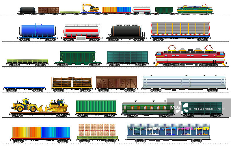 货运列车的汽车。铁路货物车厢的剪影。矢量，孤立在白色上图片素材