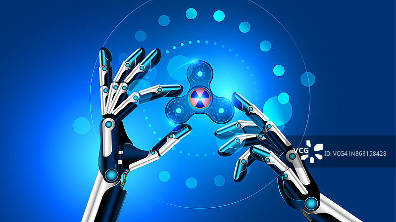 机器人手中的手旋转玩具。机器人展示了坐立不安的玩具，以增加注意力，缓解压力。未来的蓝色背景。向量图片素材