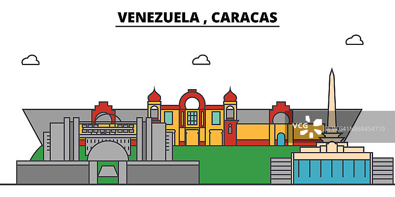 委内瑞拉，加拉加斯轮廓城市天际线，线性插图，横幅，旅游地标，建筑剪影，向量图片素材