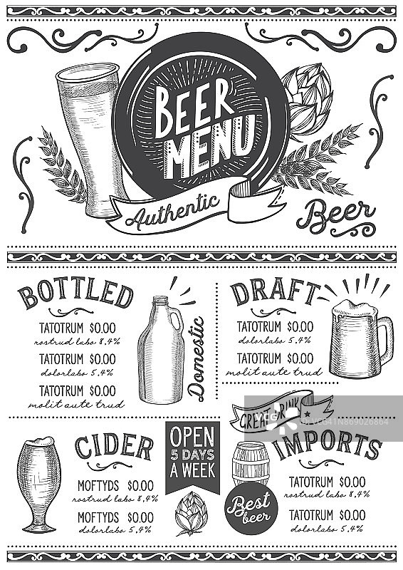 啤酒菜单餐厅，饮料模板。图片素材