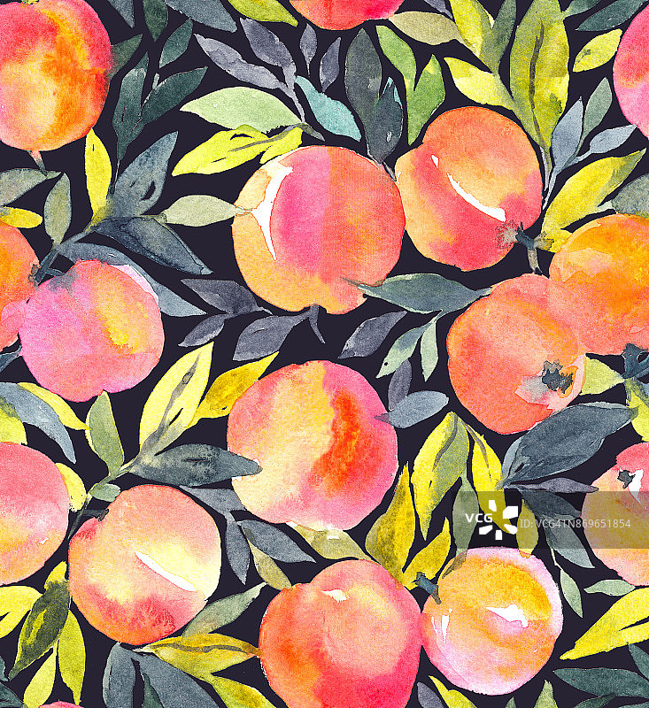 鲜艳无缝图案与手绘水彩桃子。设计时尚的水果。图片素材