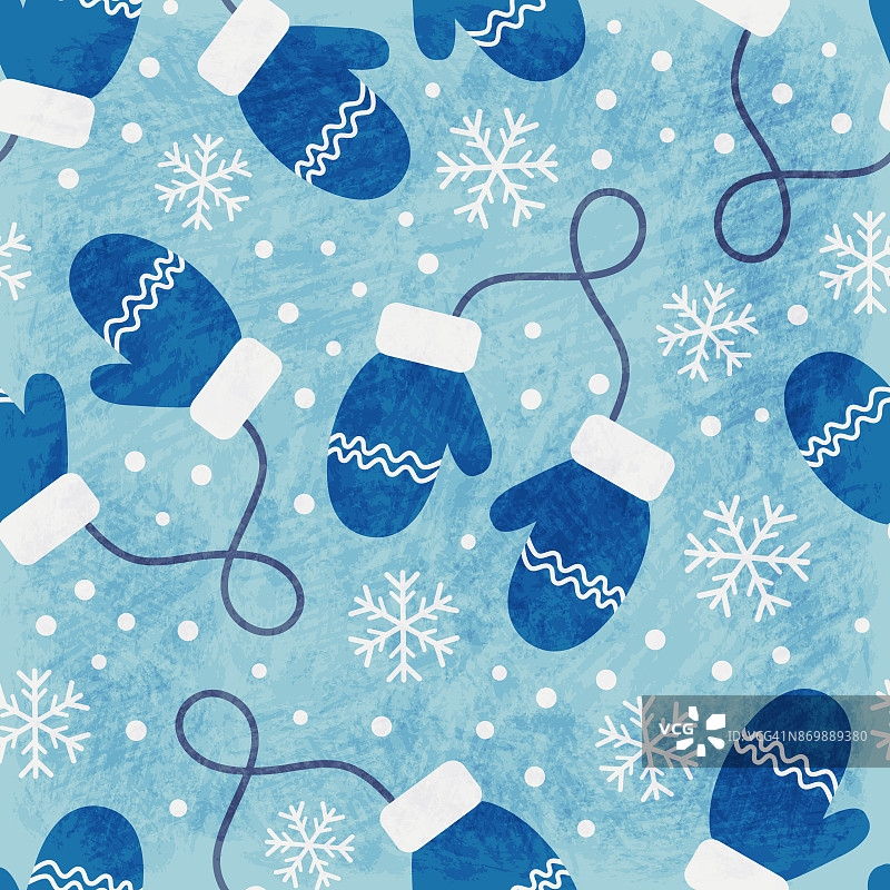 复古冬季无缝图案与手绘蓝色手套和雪花在蓝色背景。图片素材