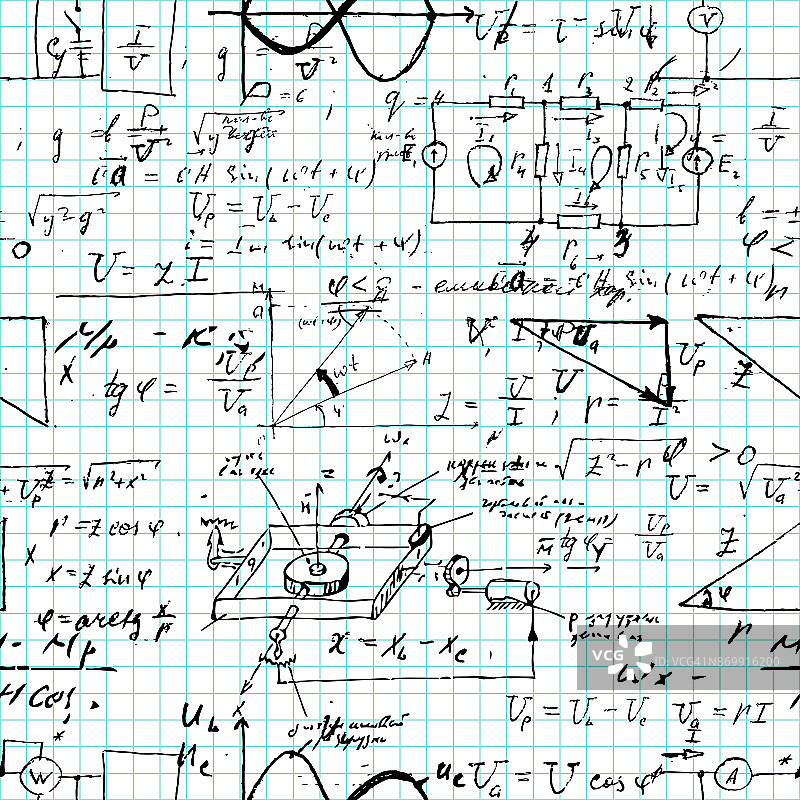 无缝模式，数学运算和基本函数，无尽的算术在抄本网格纸上。真正的手写的解决方案。几何、数学、物理、电子工程。讲座。图片素材