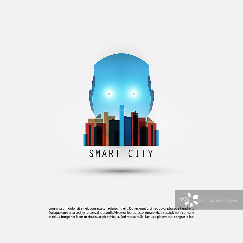 人工智能控制智慧城市，物联网，机器人头人工智能设计概念图片素材