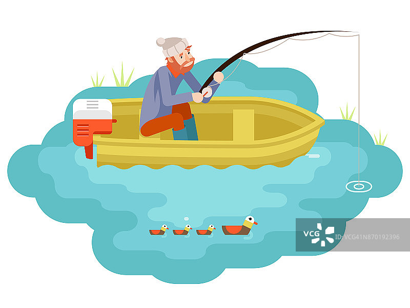 湖钓鱼成年渔民与钓鱼竿船鸟孤立概念字符等距图标平面设计模板矢量插图图片素材