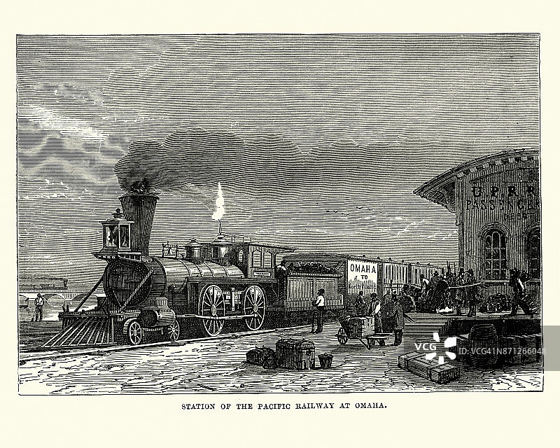 蒸汽火车，太平洋铁路在奥马哈站，19世纪图片素材