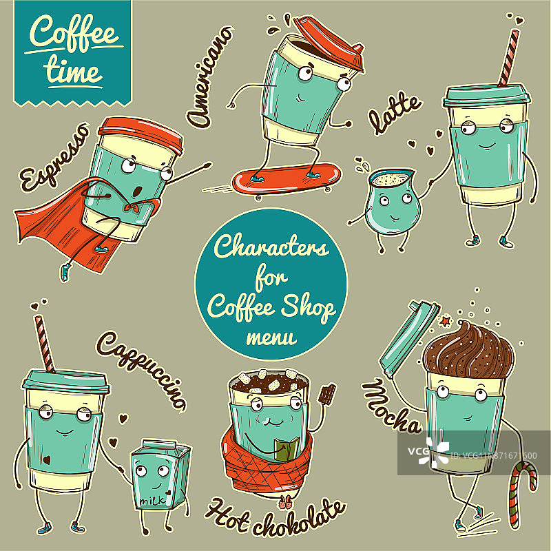 一套彩色咖啡杯字符咖啡店品牌。图片素材