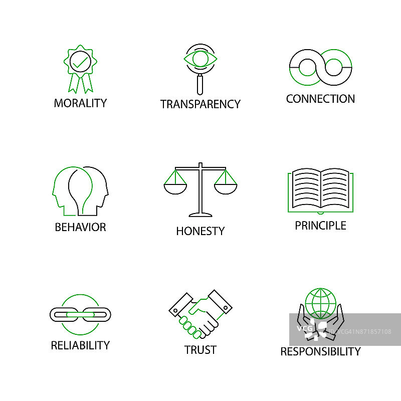 现代平细线标志以“道德、透明、联系、行为、诚实、原则、可靠、信任、责任”为商业伦理概念。可编辑的中风。图片素材