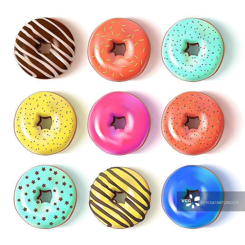 釉面彩色甜甜圈设置3D。矢量图图片素材